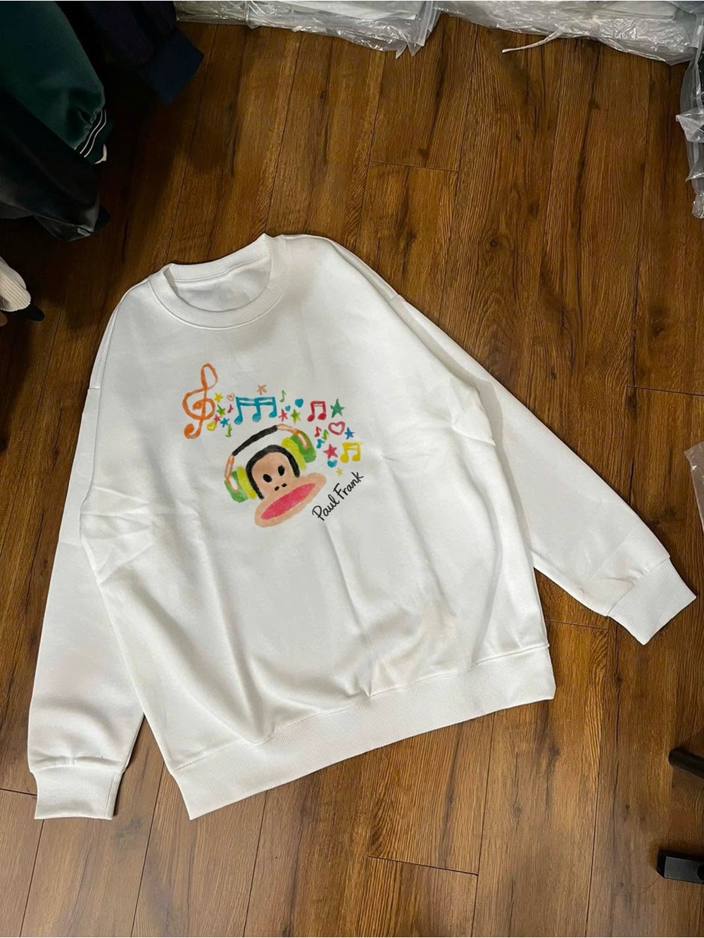 Gildan White Crewneck Sweatshirt with Colorful Musical Monkey Graphic
